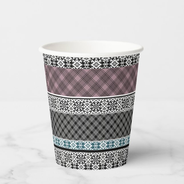 Black and white brown patchwork lace paper cups (Front)
