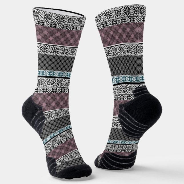 Black and white brown patchwork lace socks (Angled)