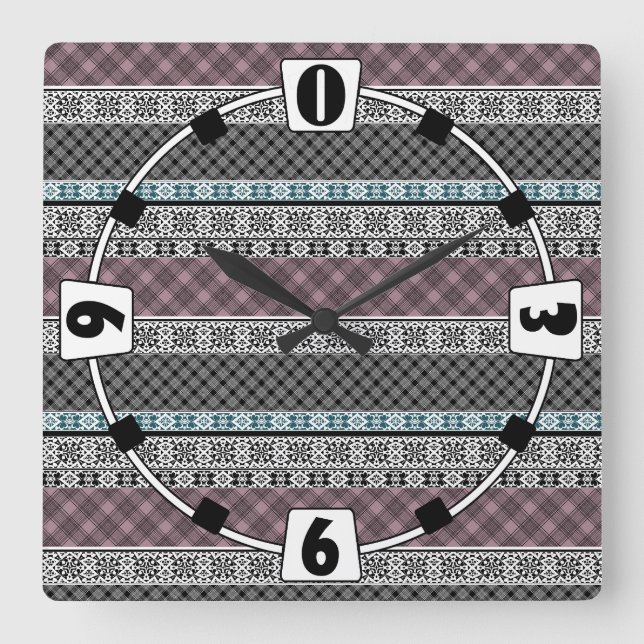 Black and white brown patchwork lace square wall clock (Front)