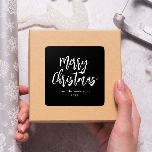 Black and White Brush Script Merry Christmas Square Sticker