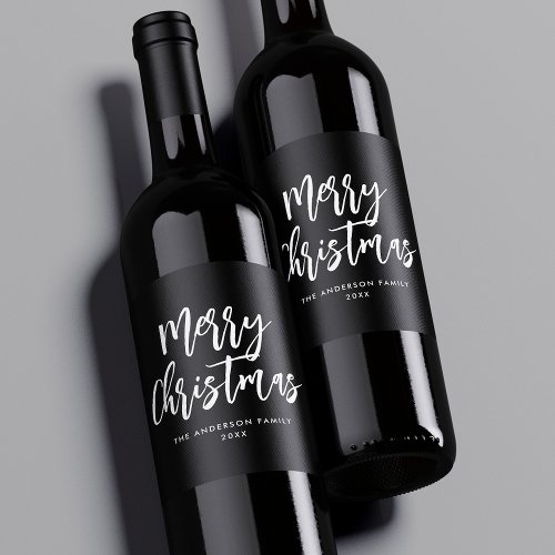 Black and White Brush Script Merry Christmas Wine Label
