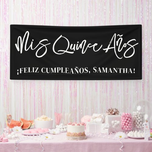 Black and White Brush Script Mis Quince Aos Banner