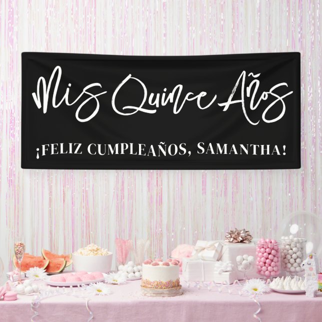 Black and White Brush Script Mis Quince Años Banner (Party)
