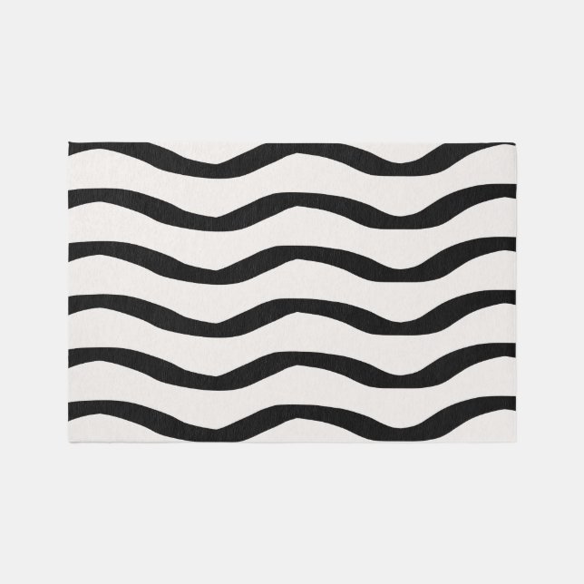 Black And White Brush Strokes Lines Abstract Waves Rug (Front)