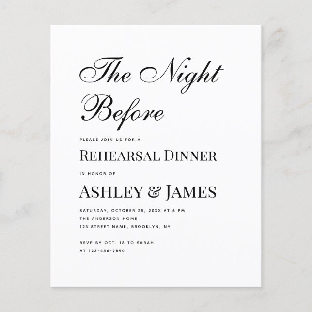 Black and White Budget Rehearsal Dinner Invitation (Front)