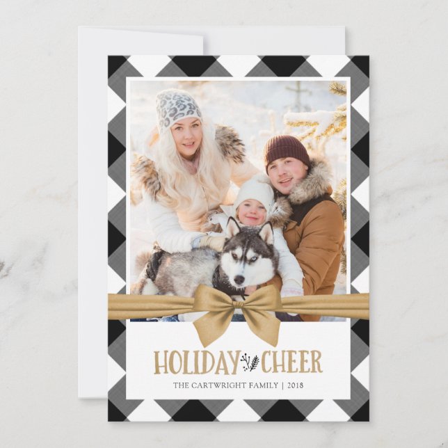 Black and White Buffalo Check Brown Kraft CHEER Holiday Card (Front)