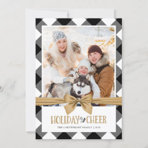 Black and White Buffalo Check Brown Kraft CHEER Holiday Card