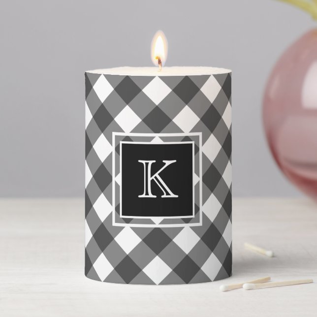 Black and White Buffalo Check Custom Monogram Pillar Candle (In Situ)