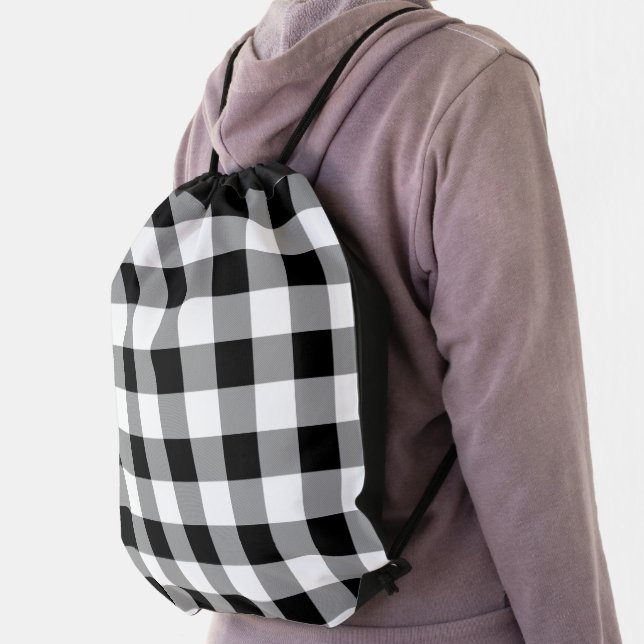 Black and White Buffalo Check Drawstring Bag (Insitu)