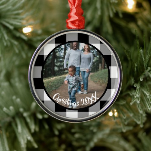Black and White Buffalo Check Family Christmas Metal Ornament