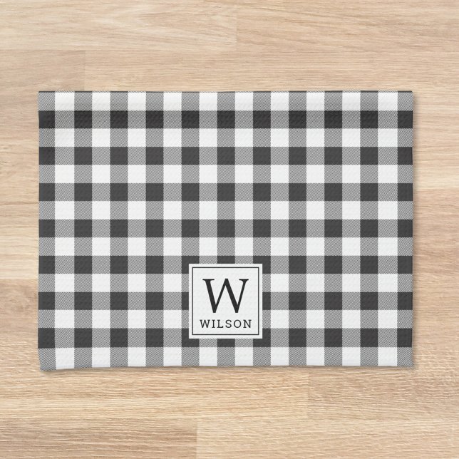 Black and White Buffalo Check Monogram Christmas Kitchen Towel (Creator Uploaded)