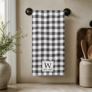 Black and White Buffalo Check Monogram Christmas Kitchen Towel