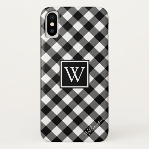 Black and White Buffalo Check Monogram  Name iPhone X Case