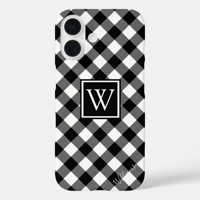 Black and White Buffalo Check Monogram / Name Case-Mate iPhone Case (Back)