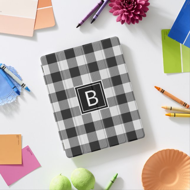 Black and White Buffalo Check Monogrammed iPad Smart Cover (In Situ)