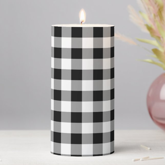 Black and White Buffalo Check Pillar Candle (In Situ)