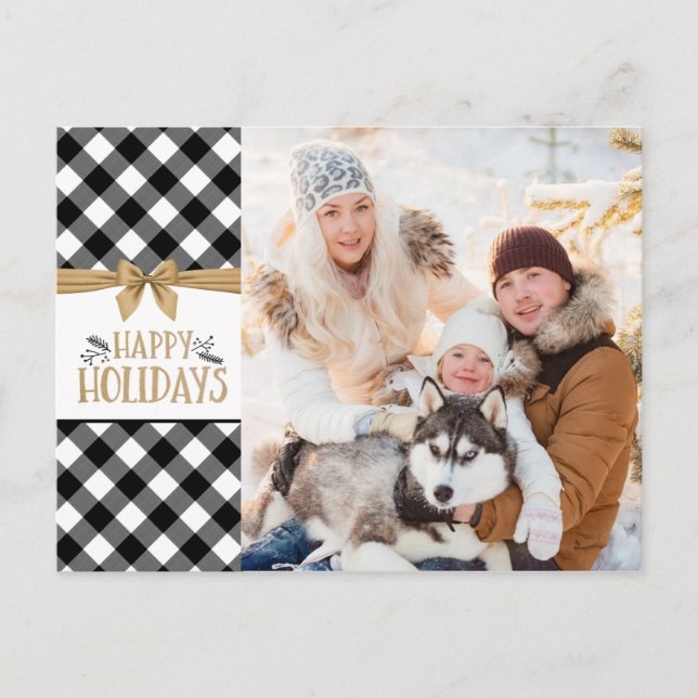 Black and White Buffalo Check Plaid Gold Bow Holiday Postcard (Front)
