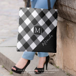 Black and White Buffalo Check Plaid Monogram Name Tote Bag<br><div class="desc">Black and white buffalo check plaid tote bag with monogram on center with white and black borders. Add your name or delete the sample text to leave the area blank on the corner solid black. The back side is a solid black color that can be changed as desired. The text...</div>
