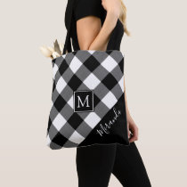Black and White Buffalo Check Plaid Monogram Name Tote Bag Black and White Buffalo Check Plaid Monogram Name Tote Bag