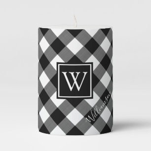 Black and White Buffalo Check Plaid Monogram Pillar Candle