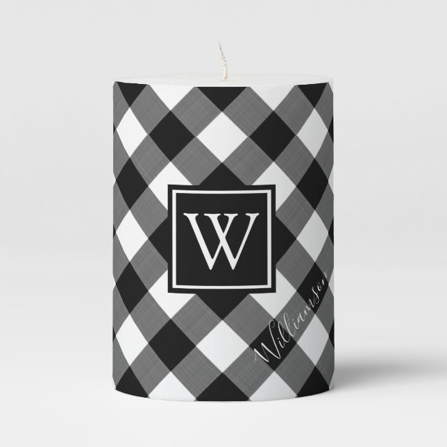Black and White Buffalo Check Plaid Monogram Pillar Candle (Front)