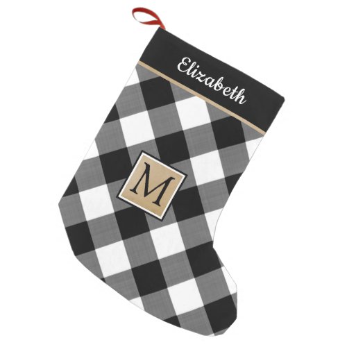 Black and White Buffalo Check Plaid Monogram Small Christmas Stocking