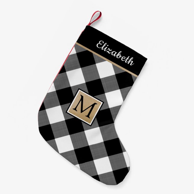 Black and White Buffalo Check Plaid Monogram Small Christmas Stocking (Front (Hanging))