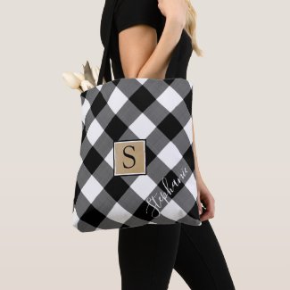 Black and White Buffalo Check Plaid Monogram Tote Bag