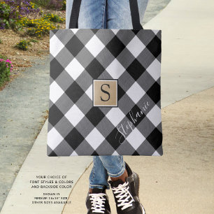 Black and White Buffalo Check Plaid Monogram Tote Bag