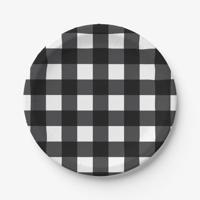 Black and White Buffalo Check, Plaid Paper Plates (Front)