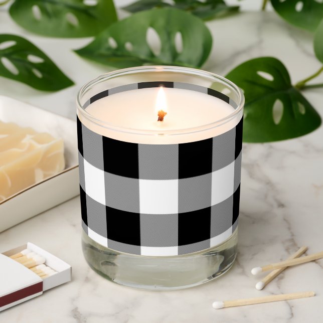 Black and White Buffalo Check Plaid Scented Candle (Lit)