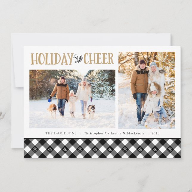 Black and White Buffalo Check Plaid Snowflakes Holiday Card (Front)