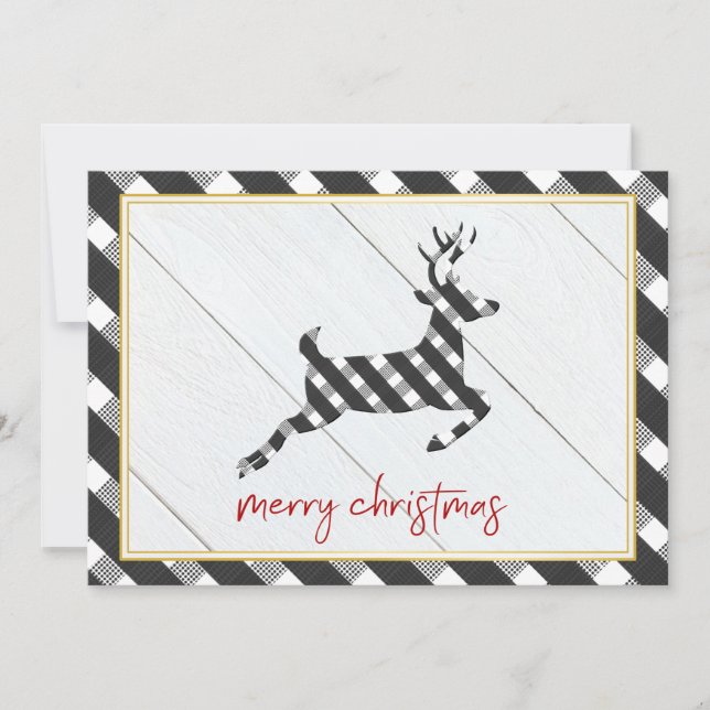 Black and White Buffalo Check Reindeer Christmas Holiday Card (Front)