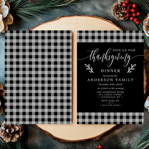 Black And White Buffalo Check Thanksgiving Dinner Invitation