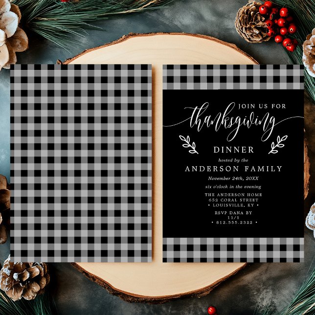 Black And White Buffalo Check Thanksgiving Dinner Invitation (Creator Uploaded)