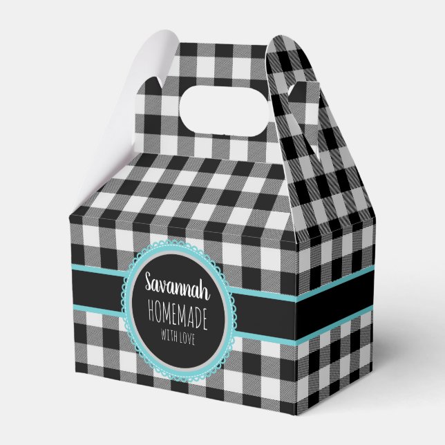 Black and white Buffalo Plaid and Teal Favor Boxes (Front Side)