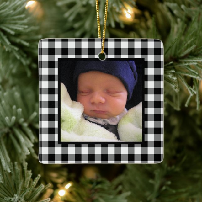 Black and White Buffalo Plaid Baby's 1st Christmas Ceramic Ornament (Tree)
