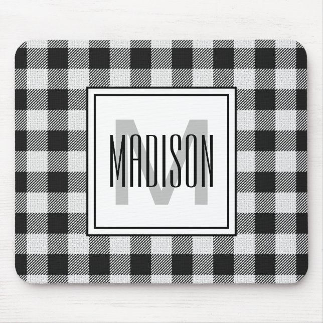 Black and White Buffalo Plaid/Check Monogrammed Mouse Pad (Front)