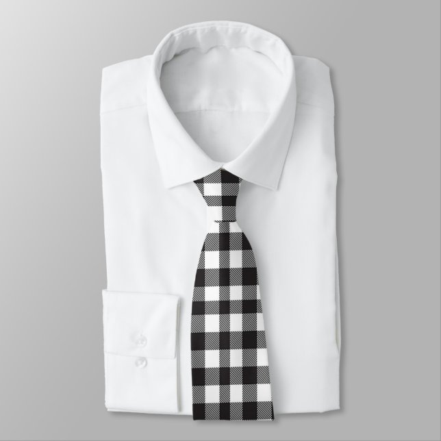 Black and White Buffalo Plaid Checked Men's Trendy Neck Tie (Tied)
