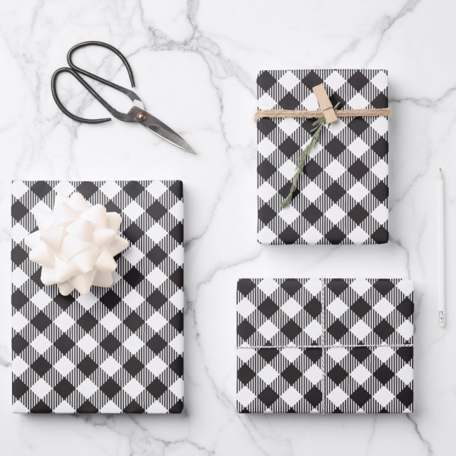 Black and White Buffalo Plaid Checkered Wrapping Paper Sheets (Front)
