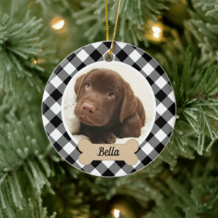 Black and White Buffalo Plaid Christmas Dog Photo Ceramic Ornament
