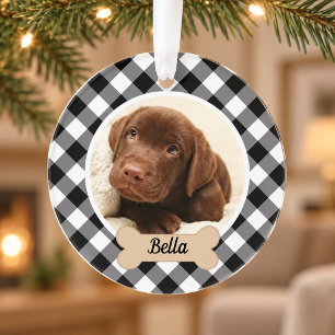Black and White Buffalo Plaid Christmas Dog Photo Ornament