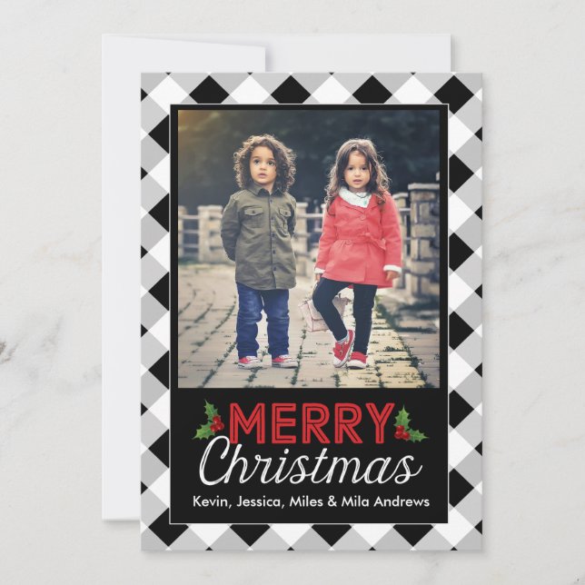 Black and White Buffalo Plaid Christmas Photo Card (Front)