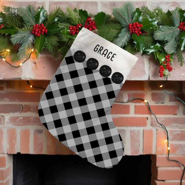 Black and White Buffalo Plaid Christmas Stocking (Add your name to this black and white buffalo plaid Christmas stocking)