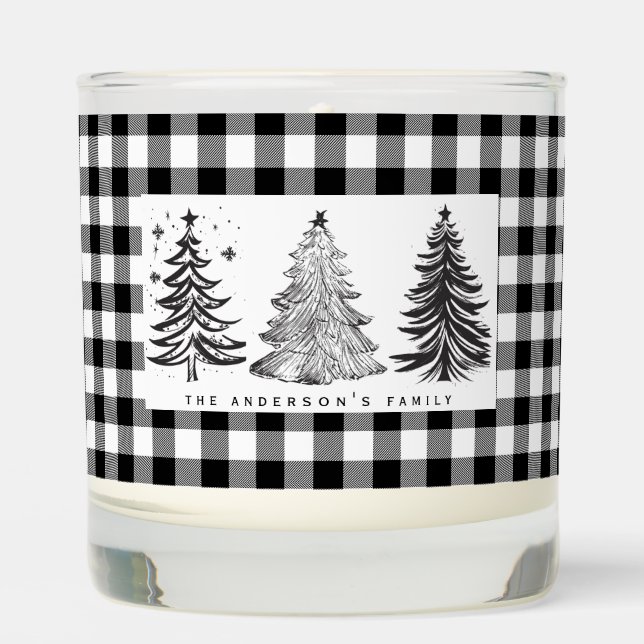 Black and White Buffalo Plaid Christmas Trees Scented Candle (Front)