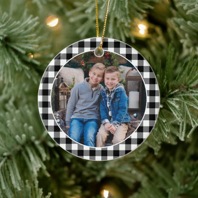 Black and White Buffalo Plaid Custom Holiday Photo Ceramic Ornament (Tree)