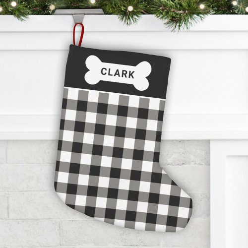 Black and White Buffalo Plaid Dog Bone Monogram Small Christmas Stocking
