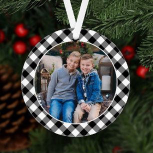 Black and White Buffalo Plaid Family Name Photo Ornament
