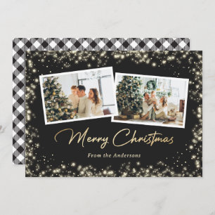 Black and White Buffalo Plaid Gold Photo Christmas Holiday Card