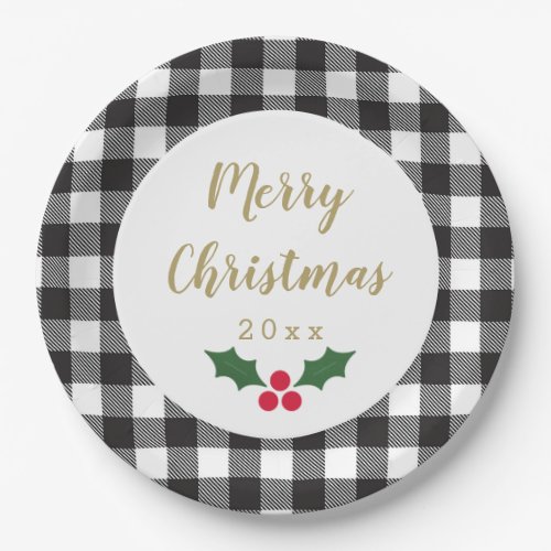 Black and White Buffalo Plaid Holly Christmas Paper Plates